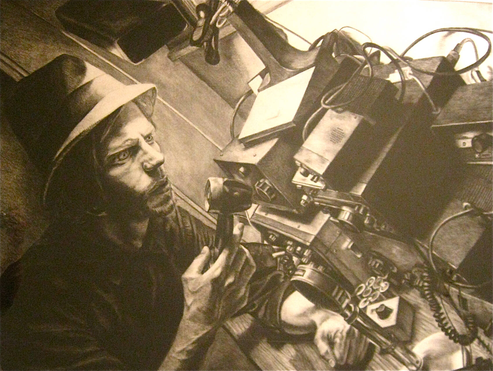 Charcoal drawing of a man wearing a hat holding a microphone connected to radio equipment.